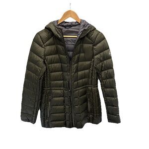 Michael Kors Womens Packable Hooded Down PufferJacket Size M Olive Logo Back Zip